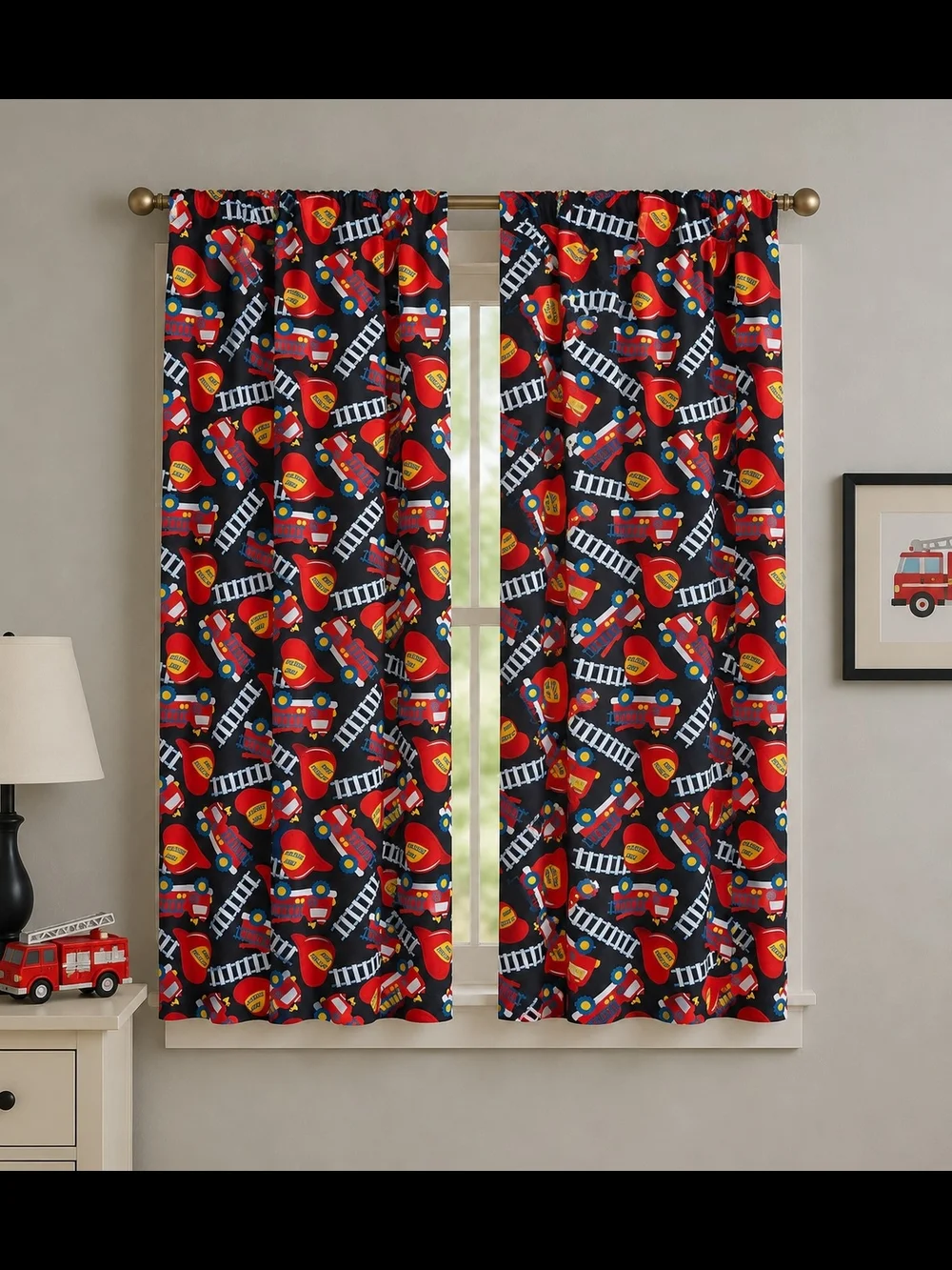 Fire Truck Kids Black and Red Curtain Panels
